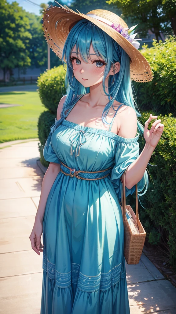 Blue haired anime girl in a straw hat and blue dress, artwork in the style of Gwaiz, Beautiful anime portraits, Gwaiz, Beautiful Anime Girls, beautiful Anime Style, Turquoise hair anime girl, Anime Style. 8k, In the art style of Bouwater, Beautiful digital illustrations, Beautiful character drawings, Stunning Anime Face Portraits