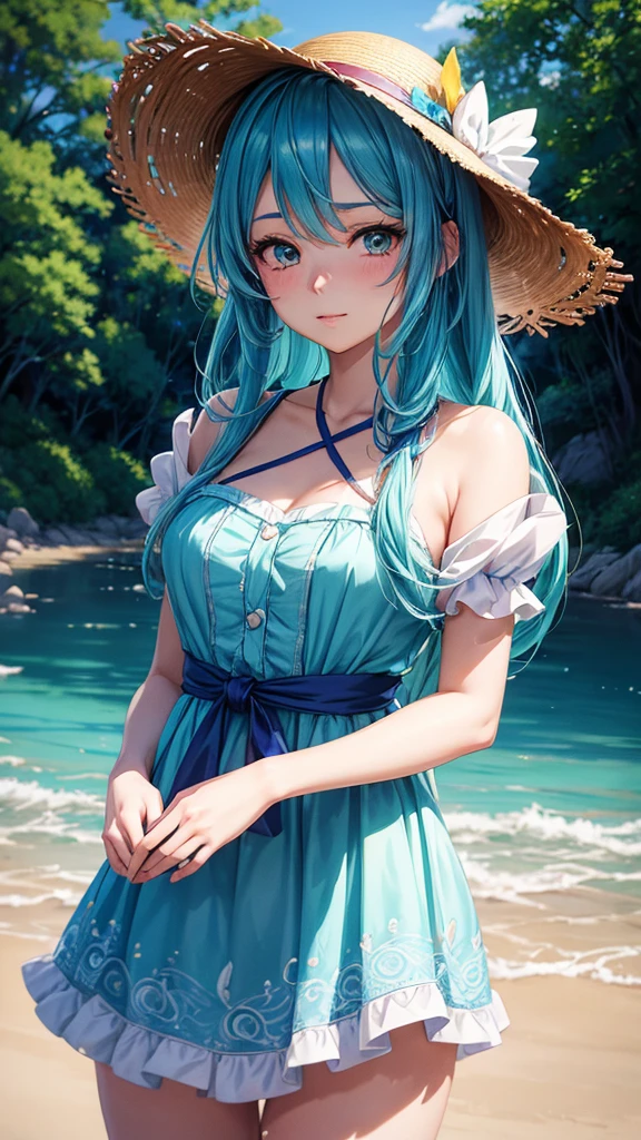 Blue haired anime girl in a straw hat and blue dress, artwork in the style of Gwaiz, Beautiful anime portraits, Gwaiz, Beautiful Anime Girls, beautiful Anime Style, Turquoise hair anime girl, Anime Style. 8k, In the art style of Bouwater, Beautiful digital illustrations, Beautiful character drawings, Stunning Anime Face Portraits