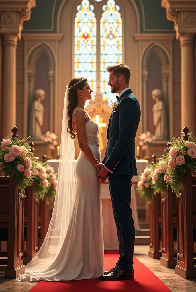 man and women
Getting married in church
Groom must be tall and musclar
He must be wearing a suit well dressed and have sharp features
Bride must be a lil fat but fit