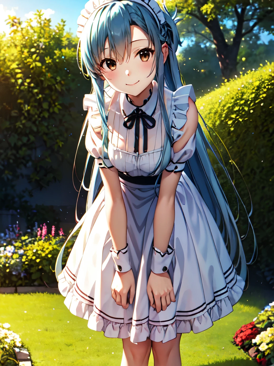 Highest quality, High resolution, unity 8k wallpaper,field、Absolute reference to the center、asuna、Standing 、alone、Light blue hair、Long Hair、skirt, ビクトリア朝Maid clothes、Maid clothes、白いMaid clothes、Gothic style,garden,Closed Mouth、smile、Leaning forward