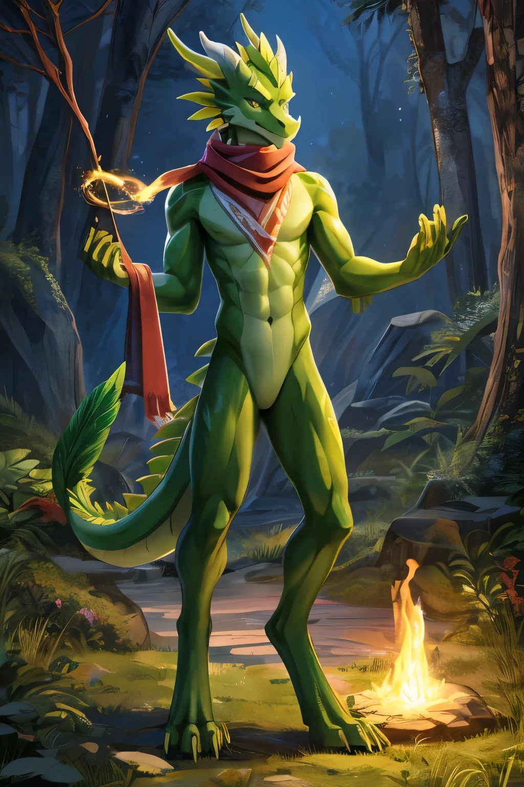 (anime), (front facing), (looking at the camera), slim furry green and lime dragon using old magic, green main body color, smooth skin, very long muzzle, neck and tail fur, digitigrade, creative horns, feathers, gradients, (wearing only a scarf), nature background, full body