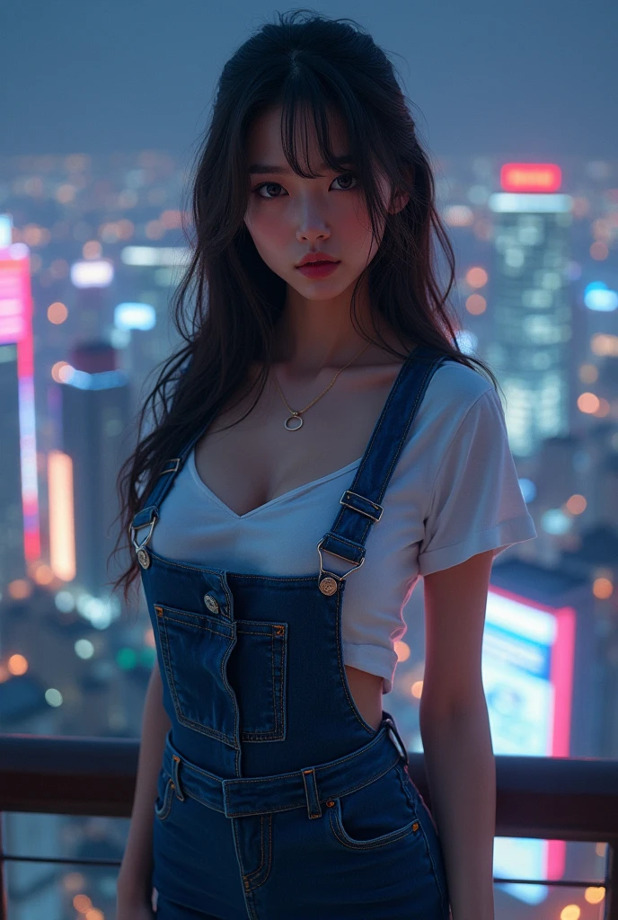 ((Midnight, Highest quality, 8k, masterpiece :1.3)), whole body, Long legs, Sharp focus :1.2, Beautiful woman with perfect figure :1.4, Slim Abs :1.1, ((Dark brown hair,Huge breasts :1.2)), (White tight T-shirt, Jean Bib, Are standing:1.2), ((Night city view, rooftop:1.3)), Highly detailed face and skin texture,Japanese women,Nipples,Real,Nogizaka48