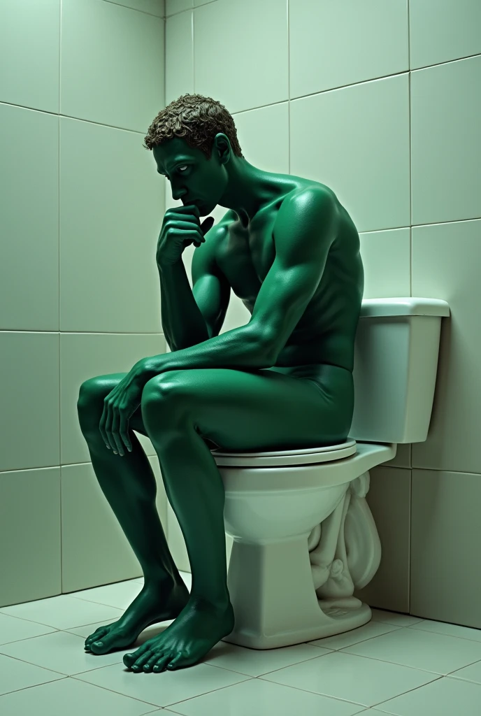 Surreal、emerald zuckerberg is、Sitting on the toilet in the style of the thinker。