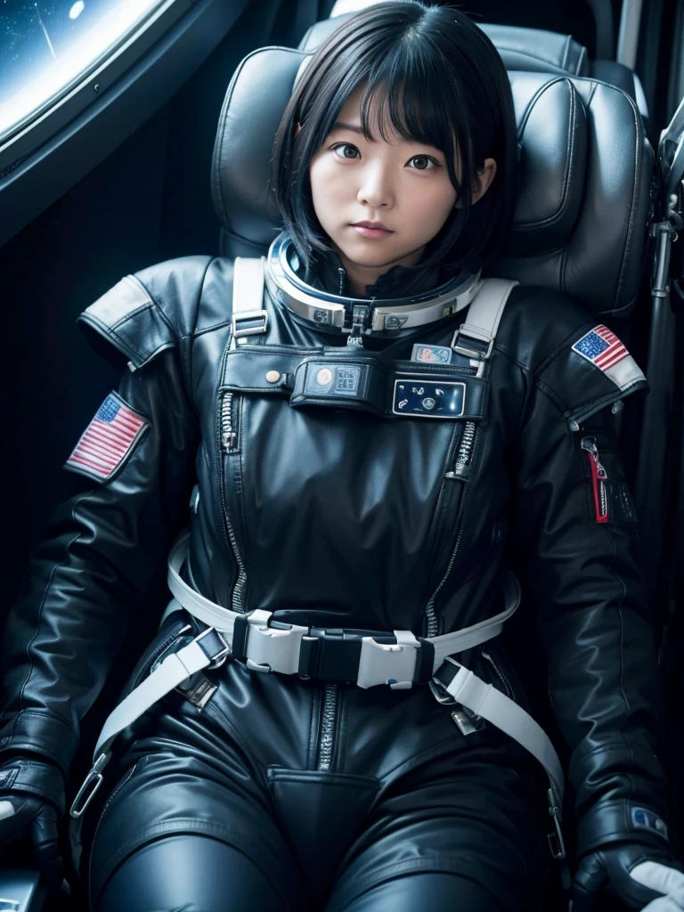 Japanese female astronaut,Black Hair,The spaceship's cockpit,Fully secured in the seat by a harness,A tight-fitting space suit,Flying in space