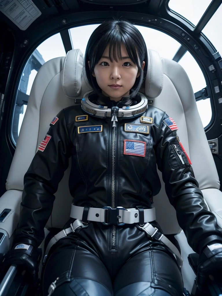 Japanese female astronaut,Black Hair,The spaceship's cockpit,Fully secured in the seat by a harness,A tight-fitting space suit,Flying in space