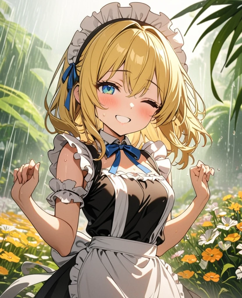 (8k, super high quality, masterpiece), (detailed), One Woman, Small breasts, blonde, cute, A little longer, Blue ribbon, Apron dress, black and white maid outfit, gilded accents, Fantasy, Paradise, wood, Flower Field, heavy rain, Weather showers, sunny, soaked, Date, Childlike, The best smile, Mouth is open, Eyes closed,
