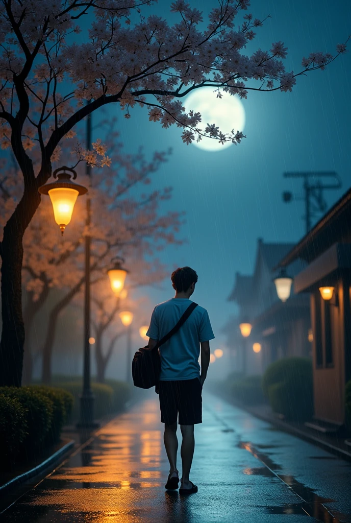 visual image or photograph,long shot photo,moonlit night ,walking in the rain.highlight the depth of field and quality, conveying a sense of happiness and a good life despite the rainy weather, young man walk alone in street with sholder bag, Rainey sesson,lantern street light, bathing in rain,tree flower in street line.