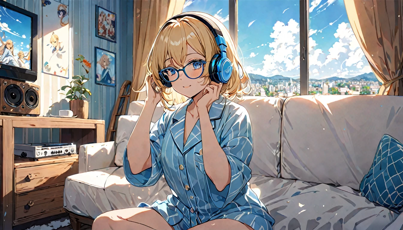 (Blonde and bespectacled woman)、(Listening to background music with headphones in a bedroom with a beautiful view of the blue sky)、(sitting on the sofa drinking coffee)、(Extremely detailed、masterpiece、Highest quality、bright)、(Anime Style)
background:A gentle breeze rustles the curtains in this room:Calm eyes closed、look at the blue sky、Relaxed facial expression:Pajama Pose:Sitting cross-legged、Listening to music through headphones、Pleasant background music plays