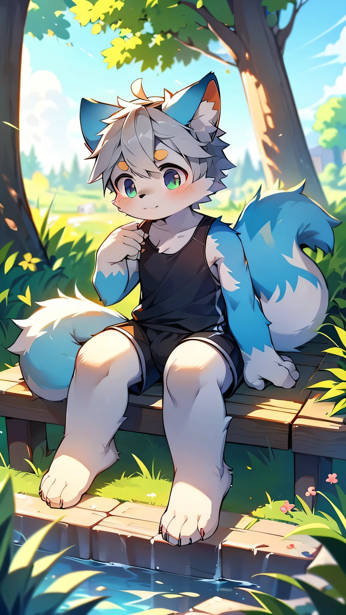 Features,super high quality,Very detailed,High resolution,超High resolution,Detailed Background,countryside,Not very detailed,超High resolution,Horny boy always details,超High resolution,Horny boy(Photos of solo travelers) (kemono,Furry Personification),Fluffy fur,かわいい耳のFeatures,Gray Hair,Blue fur,dog,Wear a swimsuit,Black Swimsuit,bright,Shorts,alone