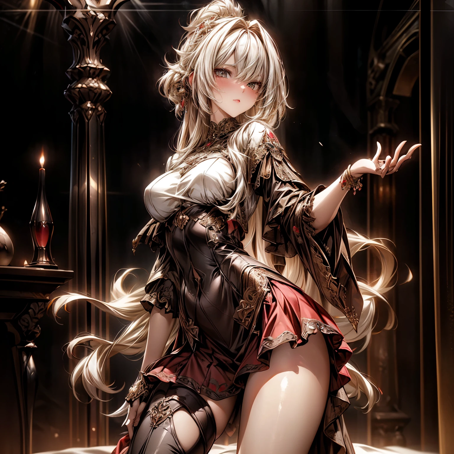 (best quality)), ((Masterpiece)), (details:1.4), 3d, HDR (high dynamic range), an image of a beautiful cyberpunk female, Fantasy, Medieval, Cyberpunk, Blonde hair, Curtain Bangs, Hips up, Beautiful White eyes, จมูกโด่ง, ปากแดง, หน้าอกใหญ่, nvidia RTX, PBR surface, After processing, Anisotropic filtration,depth of field, Maximum clarity and clarity, multi-layered surface, Subsurface scattering, perfect proportions, 8K raw files, ultra detailed, Perfect proportions, volumetric lighting, soft lighting, Holy Paldin, Heavy Golden Armor, Red dress, intricate Golden embroidery, glossy skin, Bed room Background, jewely, ต่างหู, นิ้วมือสมบูรณ์, mini red skirt,