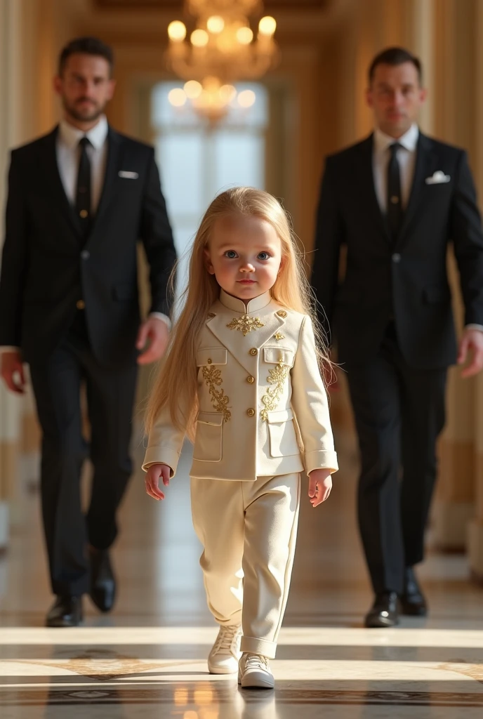 Hyperrealistic full body portrait of a  girl with long hair walking in a billionaire&#39;s uniform with security guards behind her. Realistic as in real life.