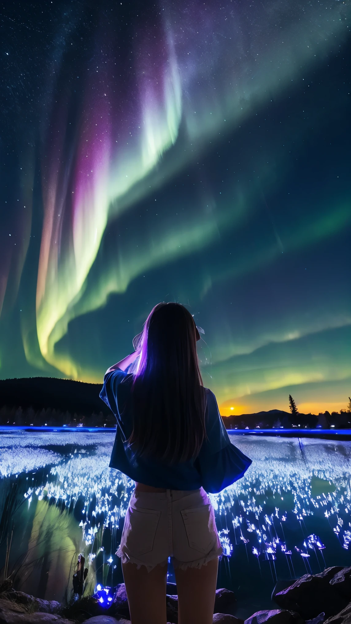 Night Sky、Aurora、shooting star、Fantasy、There's a girl standing far away
