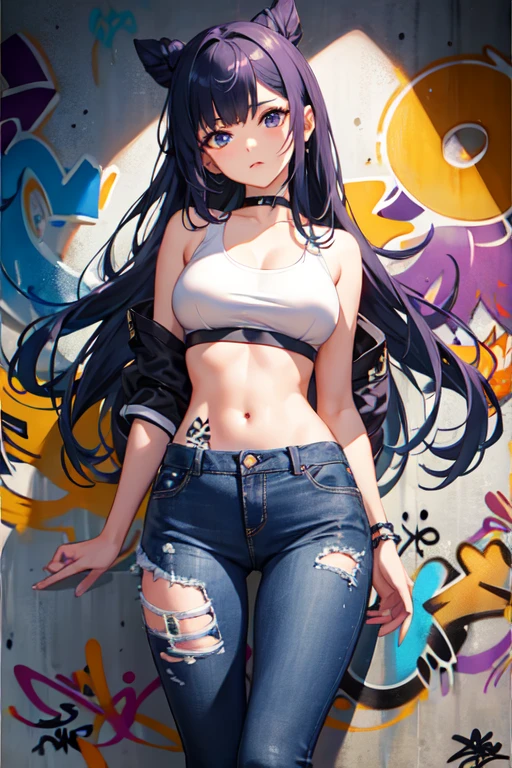 Lumine|genshin impact, master-piece, bestquality, 1girls,2, proportional body, elongated legs, Beautiful, proportional., crop top, Long Jeans, mediuml breasts, ,bara, crop top, choker, (Graffiti:1.5), Splash with purple lightning pattern., arm behind back, against wall, View viewers from the front., Thigh strap, Head tilt, bored