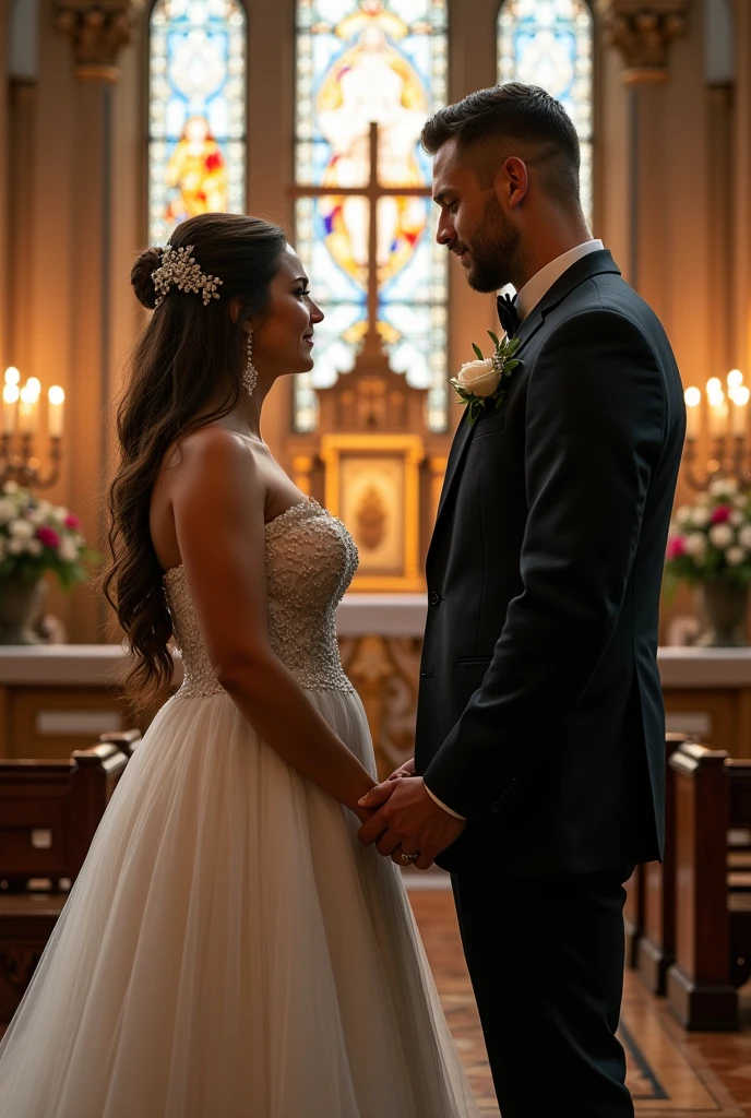 man and women
Getting married in church
Groom must be tall and musclar
He must be wearing a suit well dressed and have sharp features
Bride must be a little fat