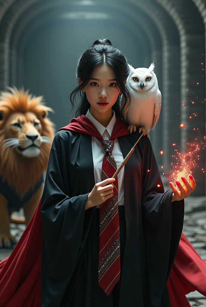 photo, asian woman, white skin, Slender face, Facing straight, Fluffy black hair, Long slender fingers, Black witch cloak, Red Hood, black witch hat, White collared inner shirt, Medium red and white patterned tie, Holding a small, long magic wand, There were several red sparks and red smoke coming out of the wood., A white owl stands on the right shoulder., A large golden lion appeared from the left rear side., The background is an old black castle.