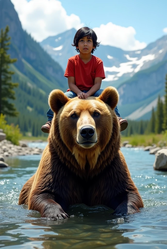 A big brown bear is sitting and bathing in a deep river in the summer wilds, young indian boy wearing red t shirt and jeans  perched on his head, very beautiful sparkling water surface, crystal clear water, gravel on the river bottom, beautiful alpine mountains in the distance, realistic photo. Boy looking camera. Age of the boy is 15 years.black hair.