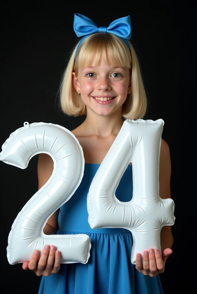 happy fashionable girl with her face straight at the viewer, professional, portrait photography, studio light from above and backlight from behind the head, cutie, holds in his hands voluminous white inflatable numbers 24 made of matte plastic very detailed, beautiful detailed face, blonde, square hairstyle, There are two small blue bows on her head, beautiful eyes, --Detailing, whole body, a lot of femininity, Blue dress, Tempting, Dazzling, Black background
