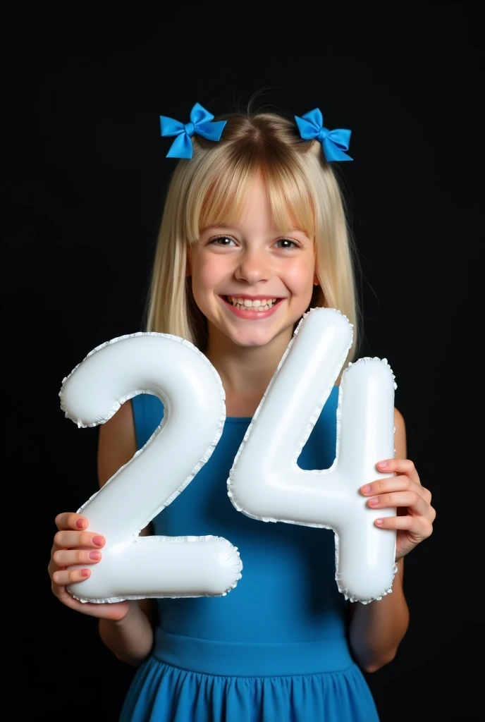 happy fashionable girl with her face straight at the viewer, professional, portrait photography, studio light from above and backlight from behind the head, cutie, holds in his hands voluminous white inflatable numbers 24 made of matte plastic very detailed, beautiful detailed face, blonde, square hairstyle, There are two small blue bows on her head, beautiful eyes, --Detailing, whole body, a lot of femininity, Blue dress, Tempting, Dazzling, Black background