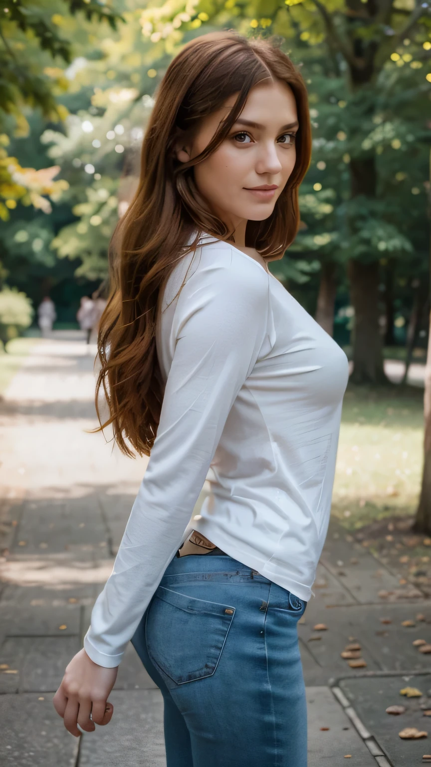 Realistic full body photo of a smiling, Beautiful redhead woman with long hair, She dances in front of the camera in a T-shirt and tight, elegant white tight jeans ...., fine fabrics, Park,glamour fotoshooting, Park, perfect anatomy, perfect green eyes. Perfect hands with 5 fingers on each hand, Suitable woman, look into the camera, 1 Frau. (Eye make up:1.1), (highly detailed skin:1.1), spirit, analog style, keen focus, 8K UHD, dslr, good quality, Fujifilm XT3, Grain, Award-winning, masterpiece. Park
