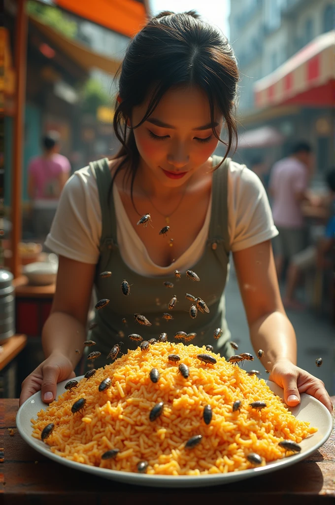 A woman stands buying fried rice with eggs that has a lot of flies in it.