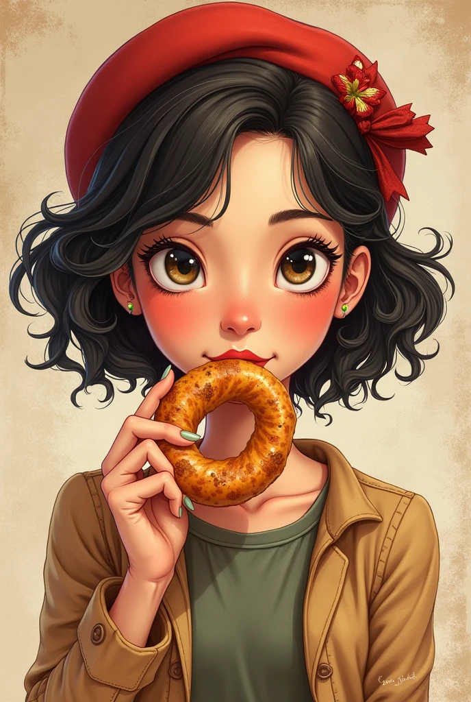 charly chopin illustration with a real simit in her hand