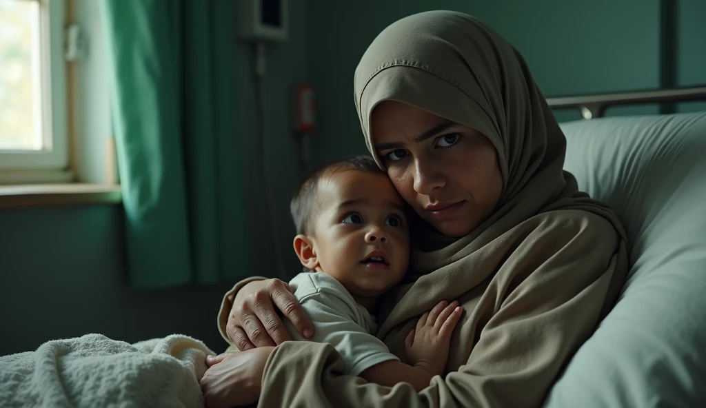 a poor muslim mother wearing hijab, holding a sick child in a poor  hospital bed, sad expression, detailed face, photorealistic, 8k, high quality, realistic lighting, dramatic lighting, soft colors, muted tones, emotional, tender moment, medical equipment, hospital setting