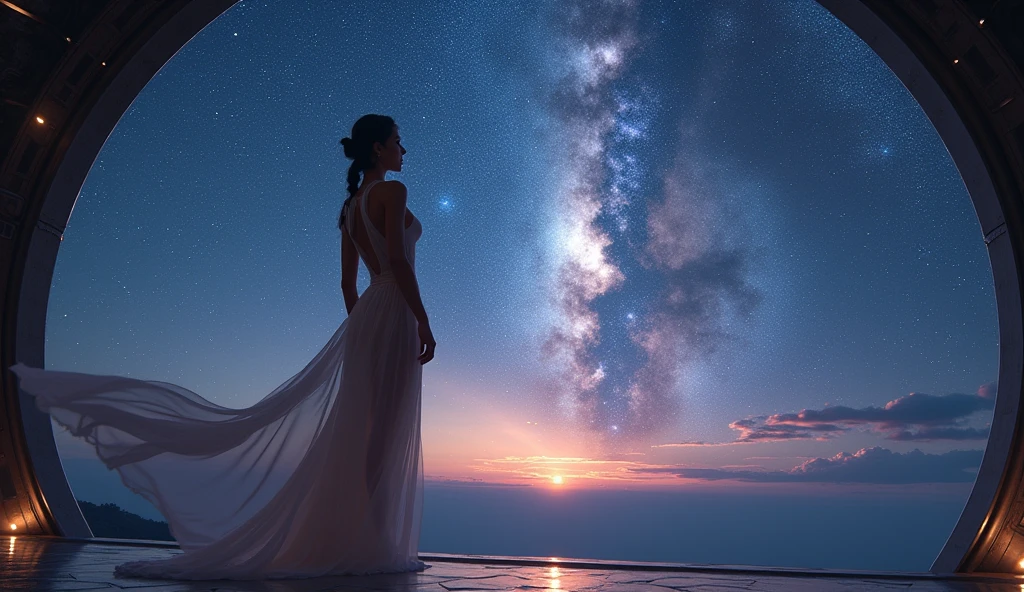 , ((masterpiece, Highest quality, Best image quality, High resolution, reality, RAW Photos, 8k)), ((Highly detailed CG synthesis 8k wallpaper)), (big、Amazing Goddess Pictures, Very hot and sexy, she'She's wearing a gorgeous sheer dress, Stunning beauty, Perfect Proportions, beautiful体, beautiful, Slim figure:1.4), Midnight, Stars from the observation deck of a huge spaceship々々々look up, Ancient Gods々々々look up空, The origin of humanity, Rear View,