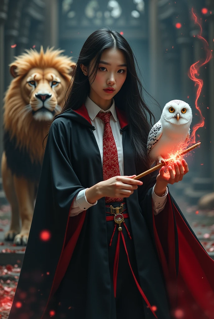 photo, asian woman, white skin, Slender face, Facing straight, Fluffy black hair, Long slender fingers, Black witch cloak, Red Hood, black witch hat, White collared inner shirt, Medium red and white patterned tie, Holding a small, long magic wand, There were several red sparks and red smoke coming out of the wood., A white owl stands on the right shoulder., A large golden lion appeared from the left rear side., The background is an old black castle.