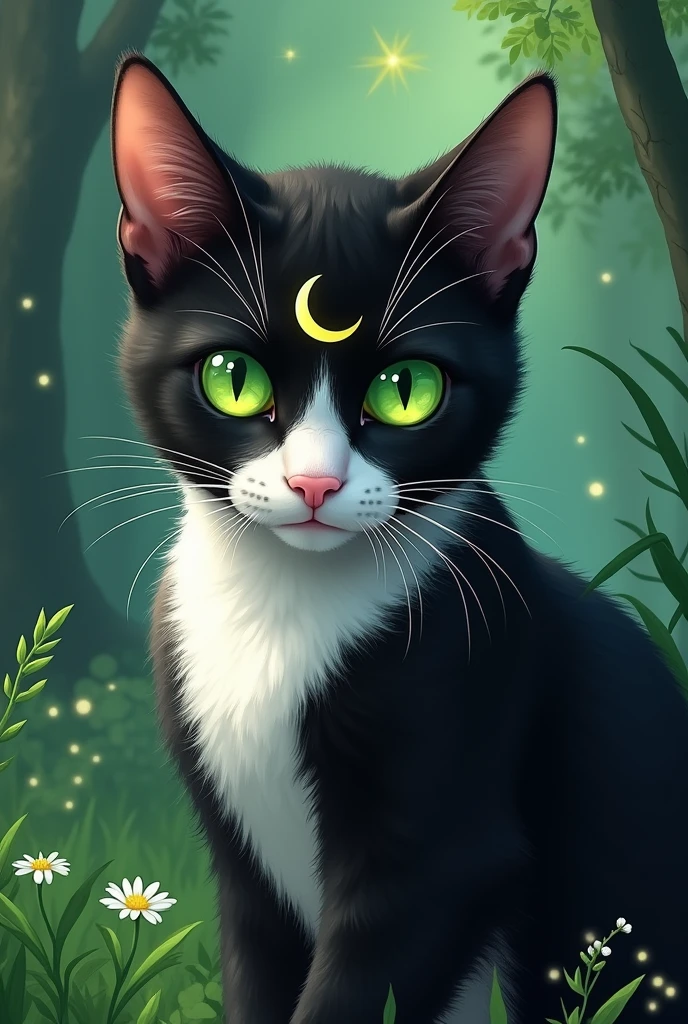 Un chat couleur tuxedo avec le blanc jusqu'entre les yeux aux yeux verts avec une lune sur le front. Avec luna (chat noir et lune sur le front) et Artemis (chat blanc et lune sur le front) de sailor moon. Le manga.