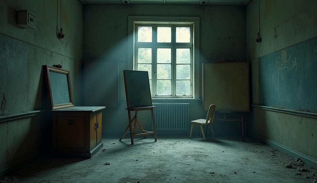 shows the art class room years later, abandoned and forgotten. Dust covers everything, and the mirror still stands in the corner, untouched. The room is silent, but the air is thick with a lingering dread.