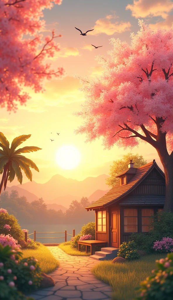 Right side small house. Left side cherry tree behind house birds are flying.sin is rising. Banana tree back of the house