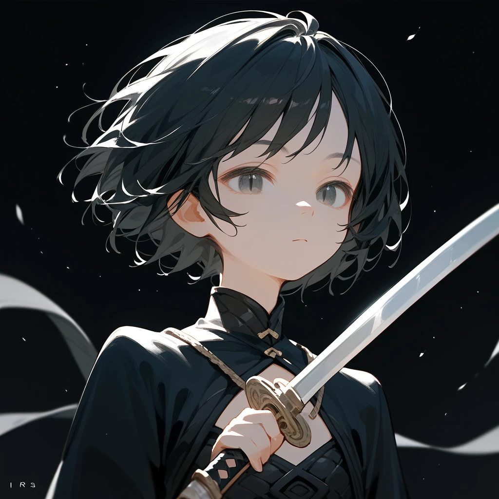 1 girl, Black Hair, iris, beautiful_face, Black snake motif, Solo Illustration, short hair, Black kimono, Holding a sword, Upper Body, Flat Chest, Squint your eyes