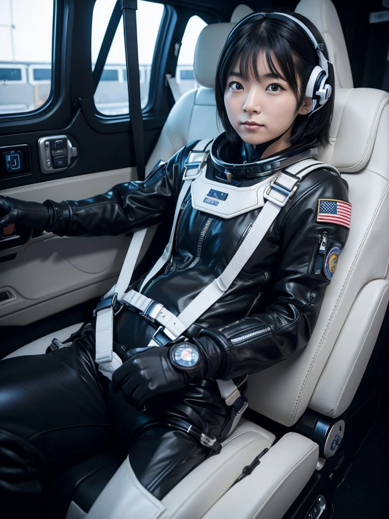 Japanese female astronaut,Black Hair,The spaceship's cockpit,Fully secured in the seat by a harness,A tight-fitting space suit,Flying in space