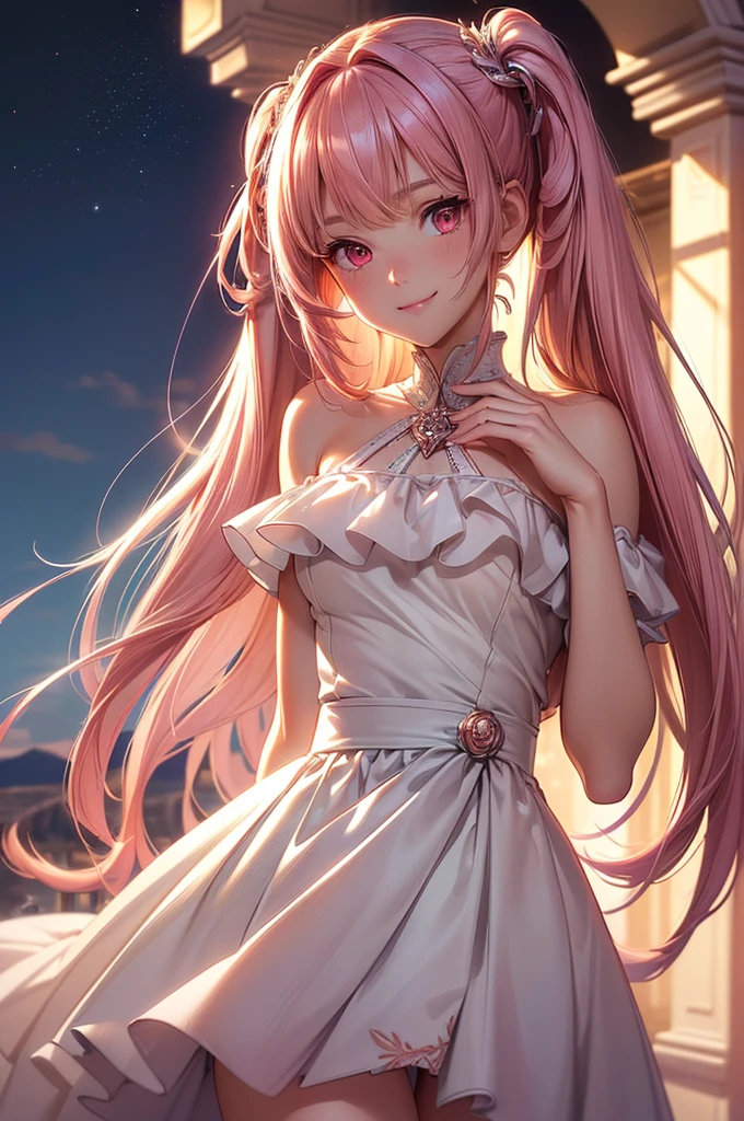 ((best quality, ultra-detailed, high resolution, extremely detailed CG, super detailed, direct light, Most beautiful clean lighting)), 1 girl, beautiful girl, cute girl and idol face, young face, smile, Beautiful long pink hair, twintails, Beautiful shining red eyes, white skin, slender, Short body, divine garment, fantastic landscape, ultimate beauty