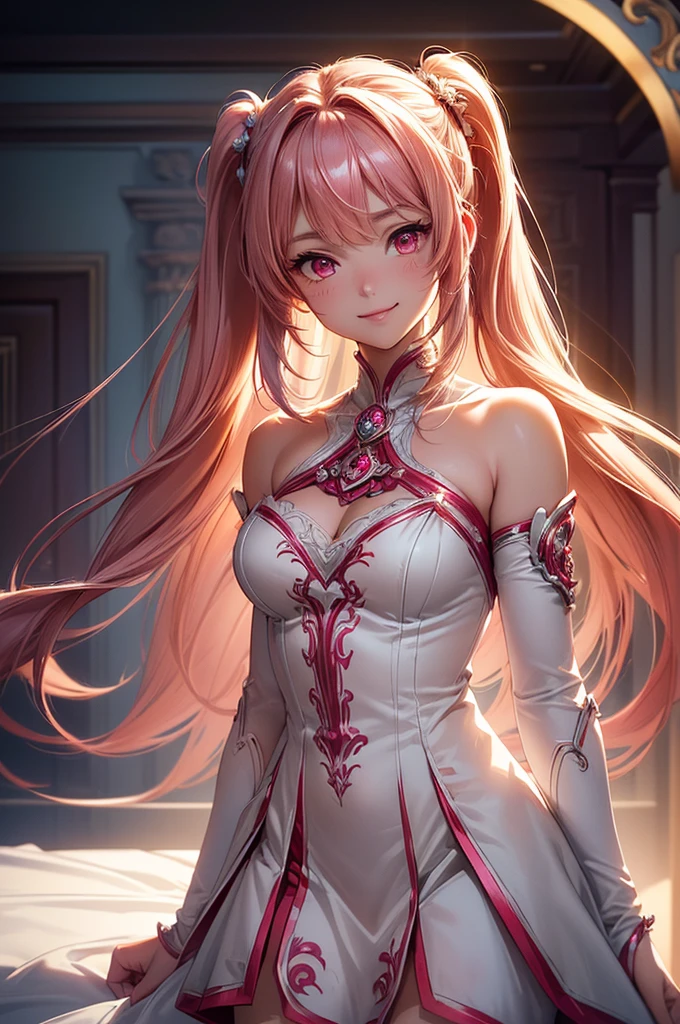 ((best quality, ultra-detailed, high resolution, extremely detailed CG, super detailed, direct light, Most beautiful clean lighting)), 1 girl, beautiful girl, cute girl and idol face, young face, smile, Beautiful long pink hair, twintails, Beautiful shining red eyes, white skin, slender, Short body, divine garment, fantastic landscape, ultimate beauty