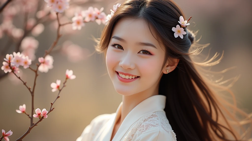 A beautiful Chinese girl of 1. White dress, long hair,A fresh and refined temperament, joyful, and healing smile.natural light, Pierre-Auguste Renoir, close-up of the face, close-up of the head, taken by a digital SLR camera, portrait, high purity color tones, unreal engine, best quality, optimal.HDR (high dynamic range), ray tracing, NVIDIA RTX, super resolution, Illusion 5, subsurface scattering, PBR texture, post-processing, anisotropic filtering, depth of field, maximum definition and sharpness, multi-layer texture, albedo and highlight map, surface coloring, accurate simulation of optical material interaction, perfect proportion, octane number rendering, two-tone lighting, large aperture, low ISO, white balance, sharpness.