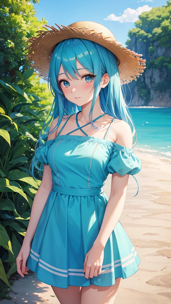 Blue haired anime girl in a straw hat and blue dress, artwork in the style of Gwaiz, Beautiful anime portraits, Gwaiz, Beautiful Anime Girls, beautiful Anime Style, Turquoise hair anime girl, Anime Style. 8k, In the art style of Bouwater, Beautiful digital illustrations, Beautiful character drawings, Stunning Anime Face Portraits