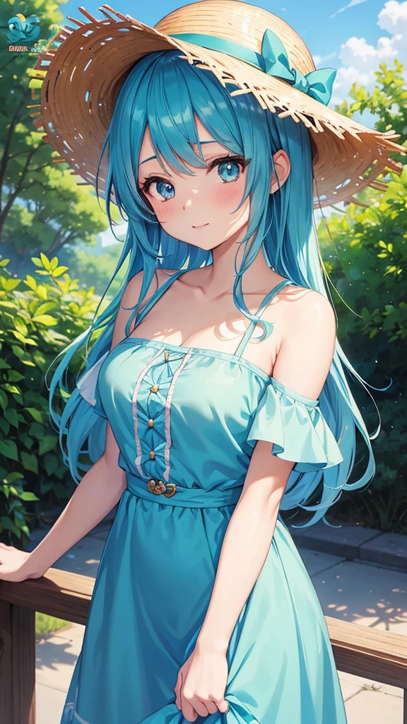 Blue haired anime girl in a straw hat and blue dress, artwork in the style of Gwaiz, Beautiful anime portraits, Gwaiz, Beautiful Anime Girls, beautiful Anime Style, Turquoise hair anime girl, Anime Style. 8k, In the art style of Bouwater, Beautiful digital illustrations, Beautiful character drawings, Stunning Anime Face Portraits