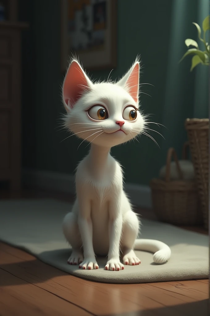 A thin white cat crying on the home