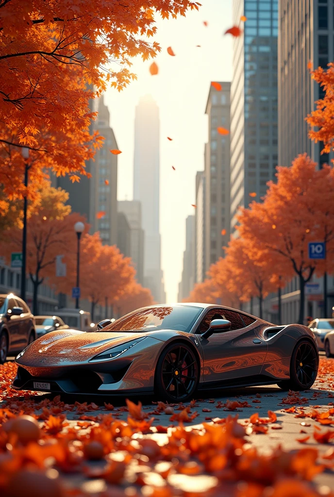 Skyline 32, Sports car parked on a street covered with fallen autumn leaves (City:1.3), fall, Global Illumination, Volumetric Lighting, best quality, Very detailed, Program Gateway, illustration, Octane Rendering,