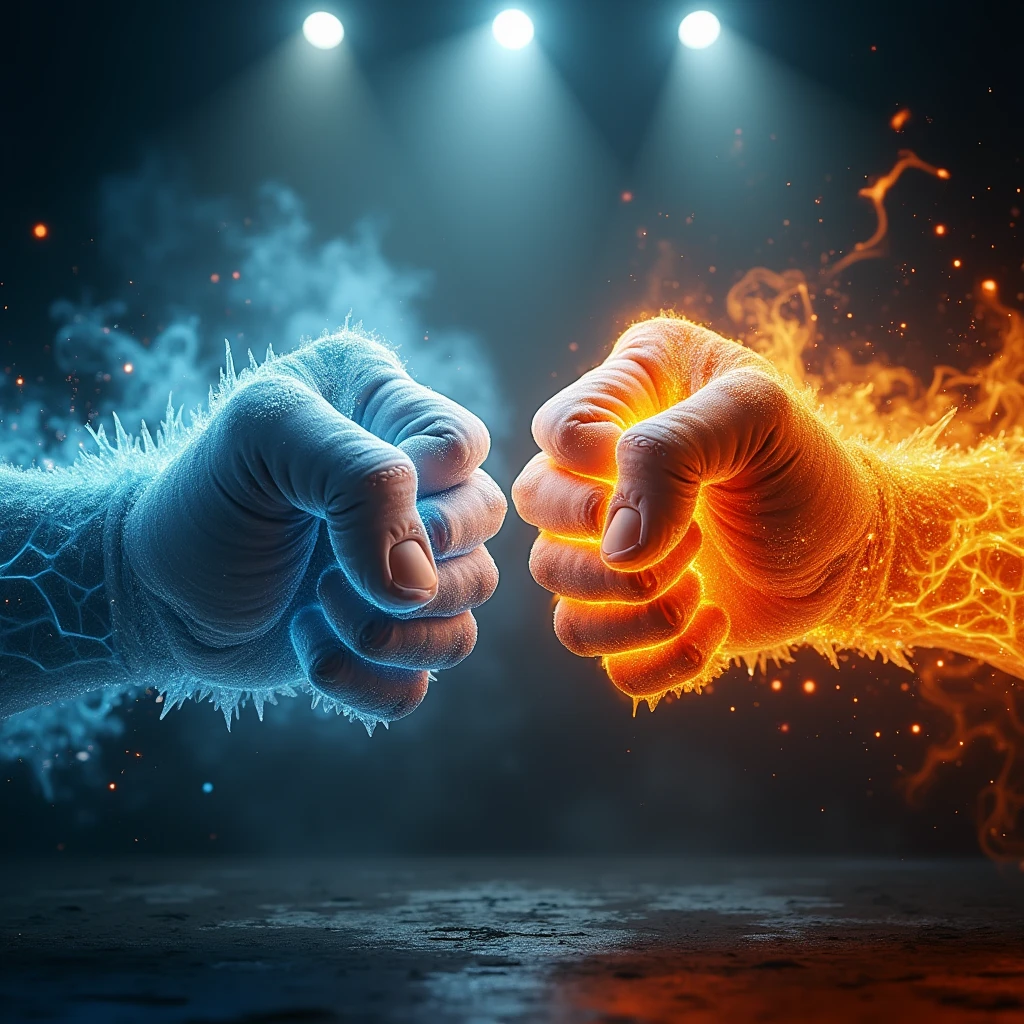On the left is a giant opaque fist with an ice effect., On the right is a giant opaque fist with a fire effect., The fist is floating in the air, movie lights, shining light, Photo focused on fist