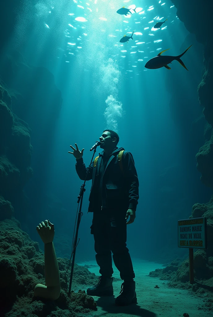 A photo of a canserbero submerged in the Atlantic Ocean at more than 200 meters below sea level rapping to a lantern fish while it is holding Pinocchio's hand. Canserbero looks comfortable wearing without wearing a diving suit. Add a sign in the lower right corner that says "Rhyming doesn't make you a rapper"