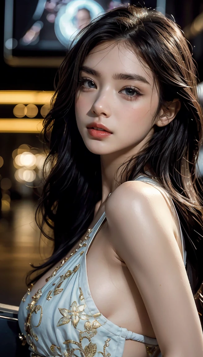 (UHD, retina, masterpiece, accurate, anatomically_correct, textured_skin, super_detail, high_details, high_quality, best_quality, high_res, 1080P, HD, 4K, 8k, 16k), (beautiful_detailed_eyes, beautiful_detailed_lips, extremely_detailed_eyes_and_face), soft_lighting, physically-based_rendering, vivid_colors, (large_breasts:1.5), (shiny_hair, shiny_skin, tanned_skin, blush), (bangs:1.5), eye_reflection, (bokeh), semi-profile_view, (handwritten:1.5),
