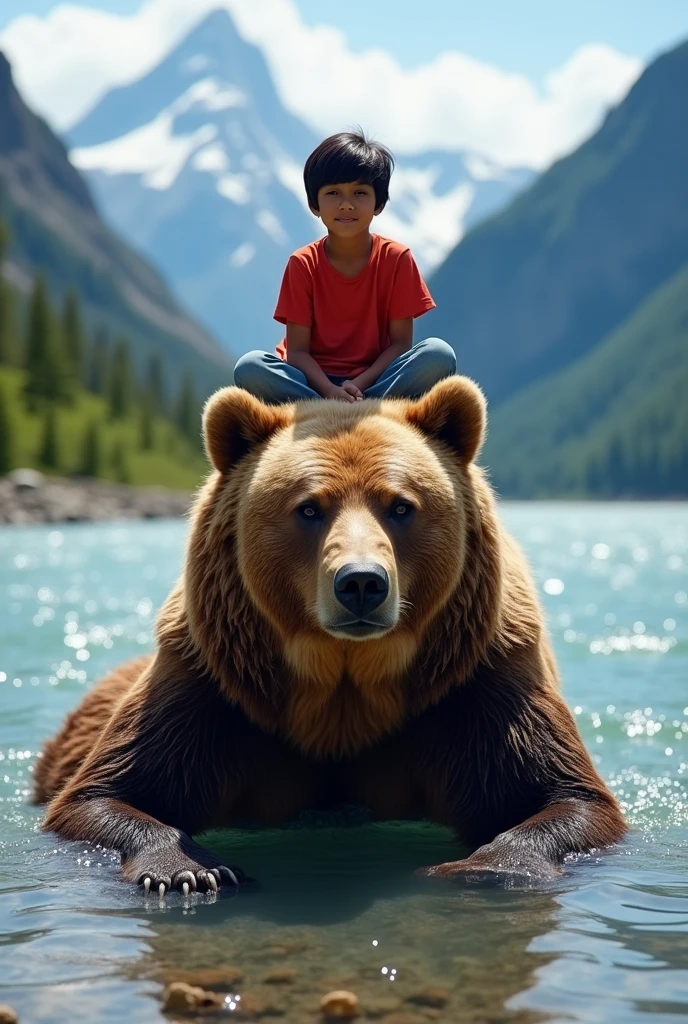 A big brown bear is sitting and bathing in a deep river in the summer wilds, young indian boy wearing red t shirt and jeans perched on his head, very beautiful sparkling water surface, crystal clear water, gravel on the river bottom, beautiful alpine mountains in the distance, realistic photo. Boy looking camera. Age of the boy is 15 years.black hair.