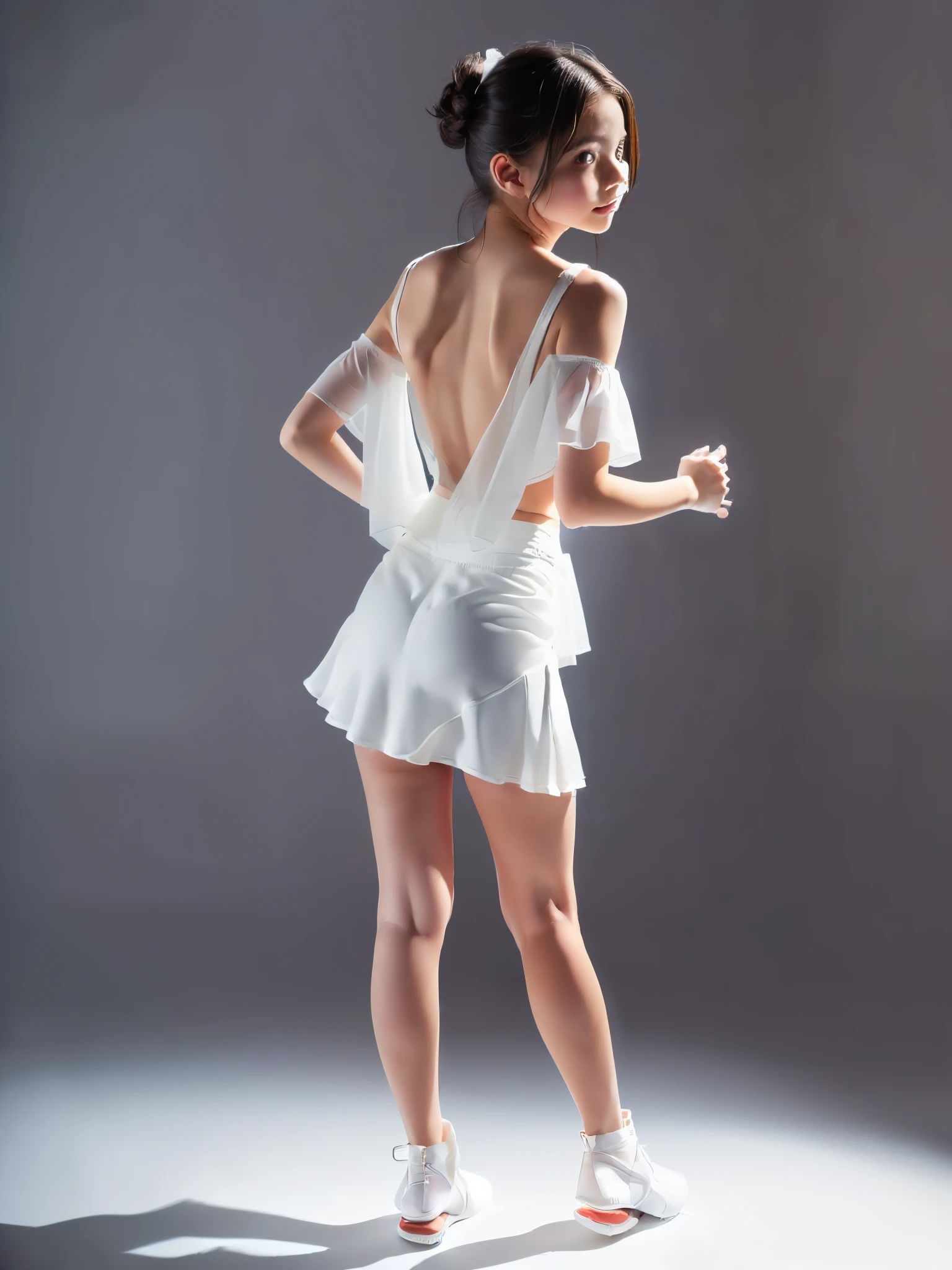 ((Full body portrait:1.5)),(very short pure white tight skirt:1.5),beautiful virgin with a baby face and childlike figure wearing pure white Sheer off-shoulder lightly Top,(looking at another),(arms behind back:1.5),afterglow,(feeling of despair:1.2),showing panties,Ultra high definition,Highest quality