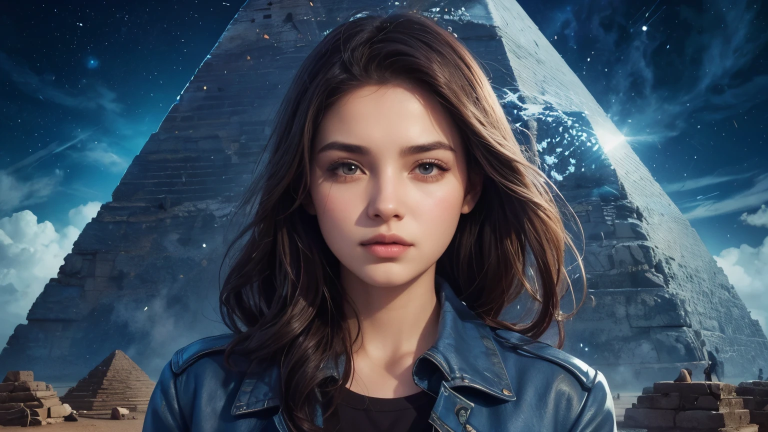Arabic style image of a woman in a blue jacket standing in front of a pyramid, Charlie Bowater&#39;s art style, Unreal 5. RPG Portrait, Artgerm JSC, Avatar Image, Charlie Bowter&#39;s Style, Character art by Charlie Bowter, Epic portrait illustration, Jain Only, in Charlie Bowter&#39;s Style, Detailed portraits, cover game art