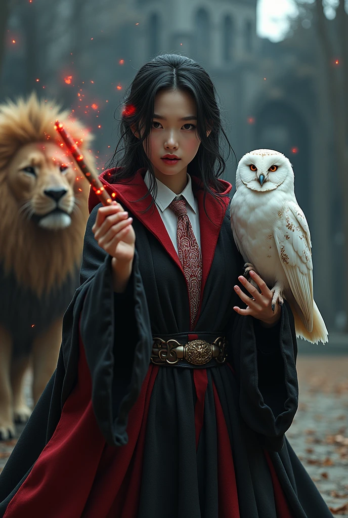 photo, asian woman, white skin, Slender face, Facing straight, Fluffy black hair, Slender fingers, Black witch cloak, Red Hood, black witch hat, White collared inner shirt, Medium red and white patterned tie, Holding a small, long magic wand, There were several red sparks and red smoke coming out of the wood., A white owl stands on the right shoulder., A large golden lion appeared from the left rear side., The background is an old black castle.