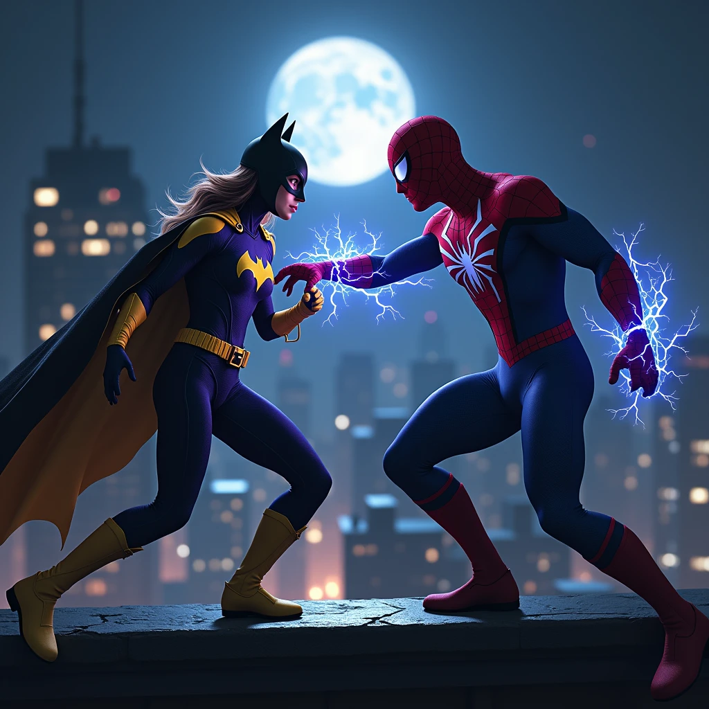 Batgirl and Spider-Man in a Midnight Showdown:Setting: A dark city rooftop under a full moon.Colors: Batgirl in a sleek, purple and gold suit with glowing accents; Spider-Man in a red and blue suit with electric blue highlights.Style: Cinematic, dynamic poses, and energy blasts as they clash.