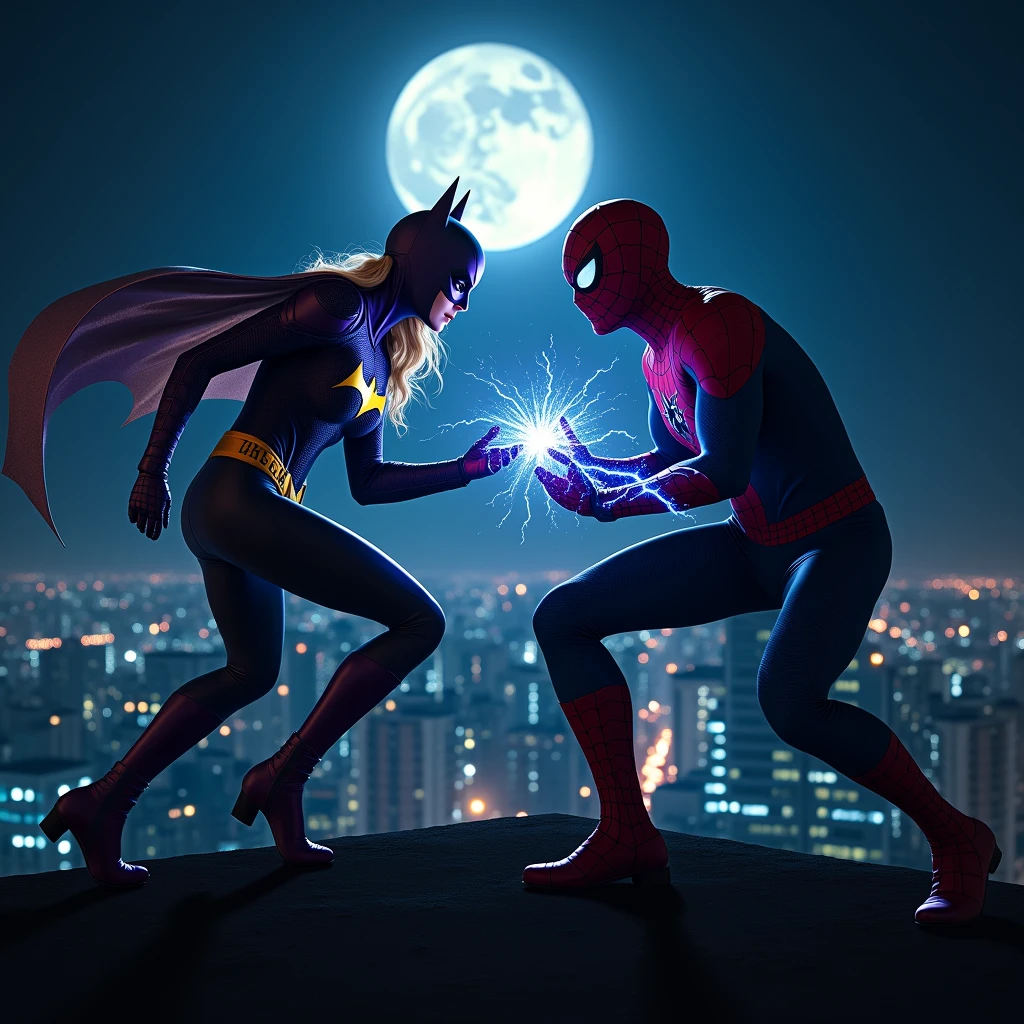 Batgirl and Spider-Man in a Midnight Showdown:Setting: A dark city rooftop under a full moon.Colors: Batgirl in a sleek, purple and gold suit with glowing accents; Spider-Man in a red and blue suit with electric blue highlights.Style: Cinematic, dynamic poses, and energy blasts as they clash.