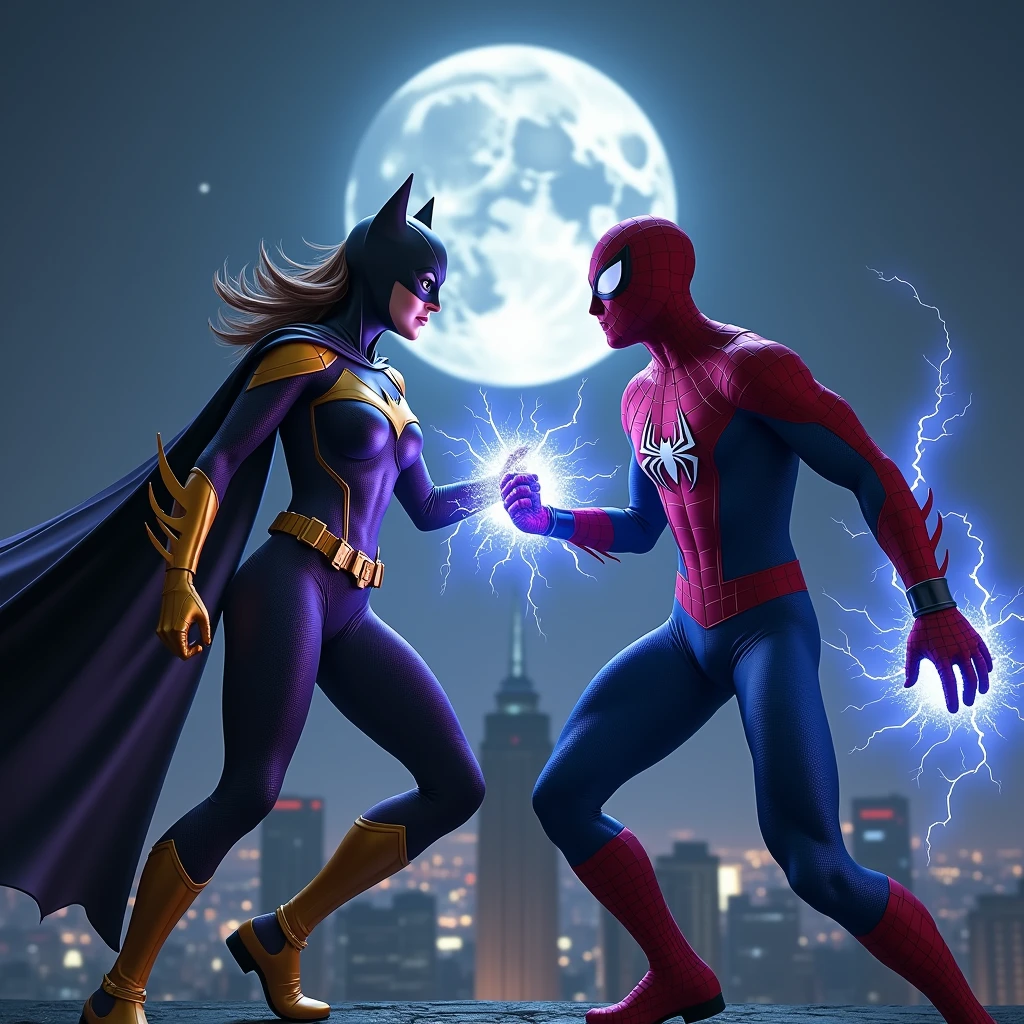 Batgirl and Spider-Man in a Midnight Showdown:Setting: A dark city rooftop under a full moon.Colors: Batgirl in a sleek, purple and gold suit with glowing accents; Spider-Man in a red and blue suit with electric blue highlights.Style: Cinematic, dynamic poses, and energy blasts as they clash.